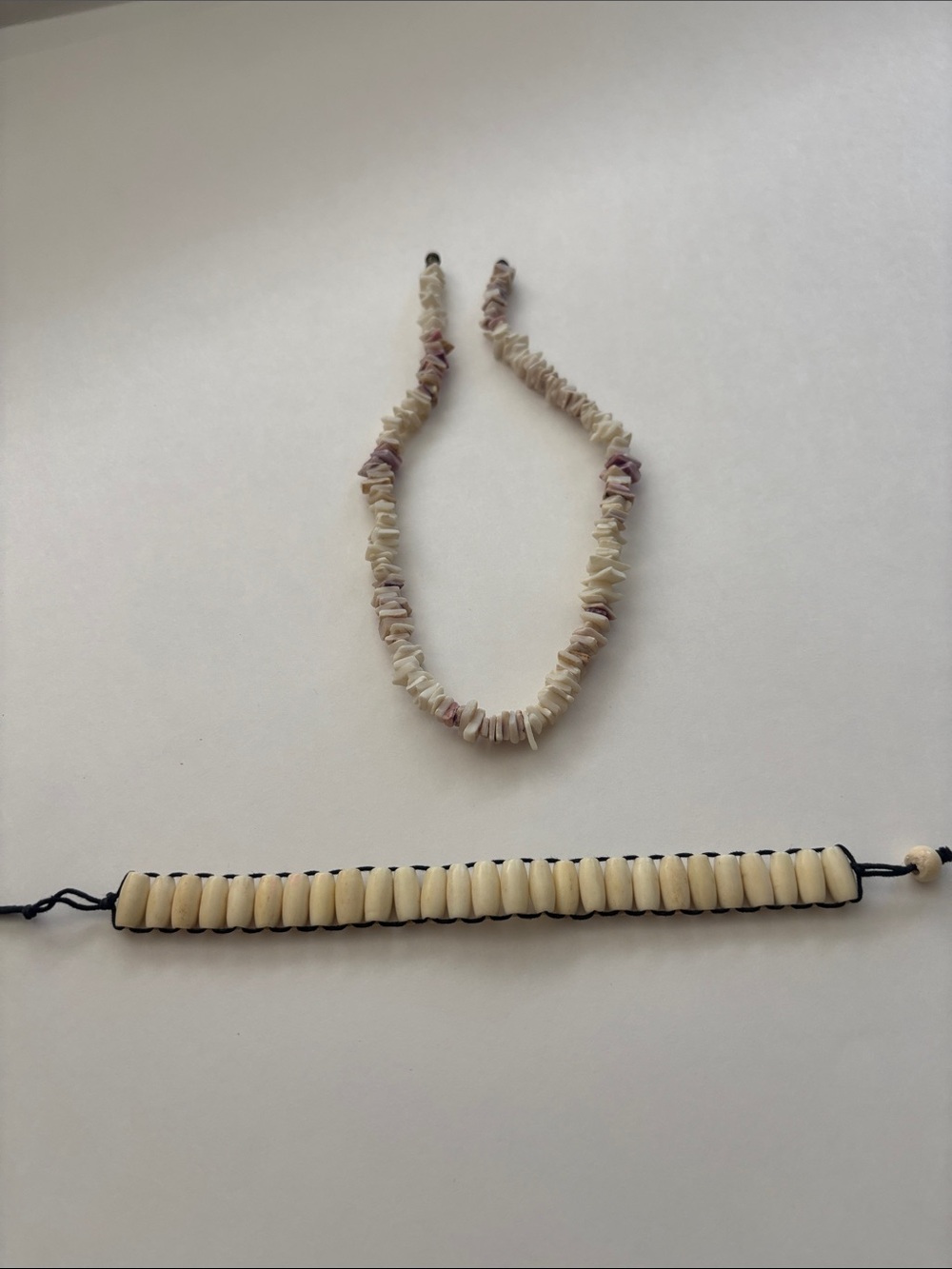Puka Shell Chip Necklace and Bone Bracelet Set - Natural Ivory & Soft Lavender